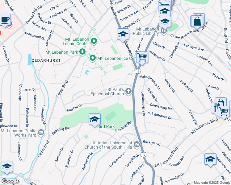 map of restaurants, bars, coffee shops, grocery stores, and more near 60 Mayfair Dr in Pittsburgh