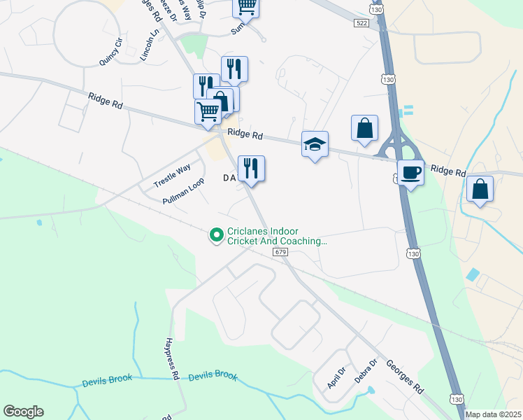 map of restaurants, bars, coffee shops, grocery stores, and more near 315 Georges Road in South Brunswick Township