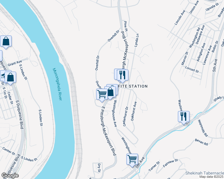 map of restaurants, bars, coffee shops, grocery stores, and more near 520 Overhill Drive in North Versailles