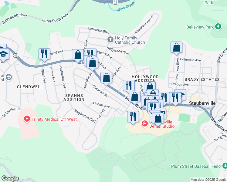 map of restaurants, bars, coffee shops, grocery stores, and more near 2398 Sunset Boulevard in Steubenville
