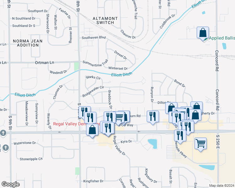 map of restaurants, bars, coffee shops, grocery stores, and more near 2010 Bridgewater Circle in Lafayette