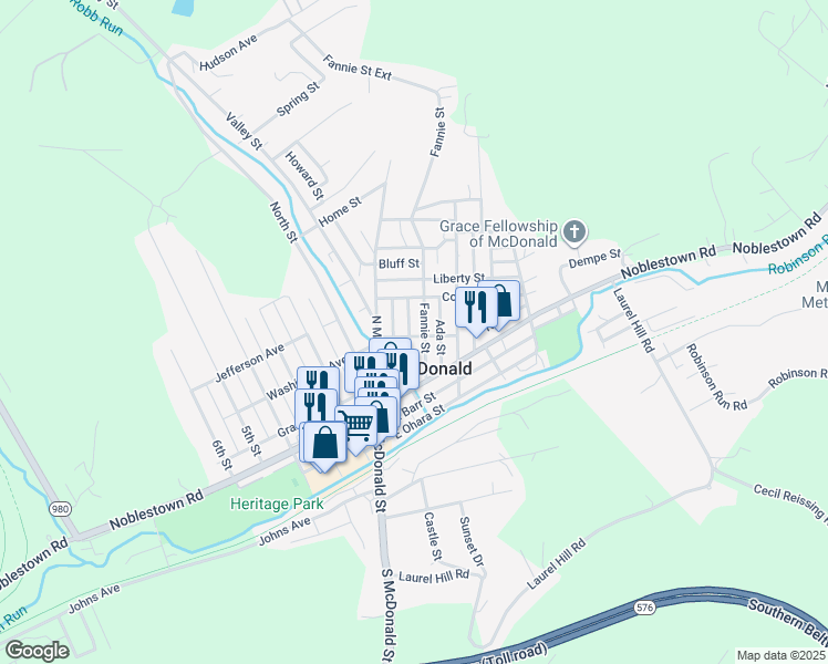 map of restaurants, bars, coffee shops, grocery stores, and more near 201 Sarah Street in McDonald