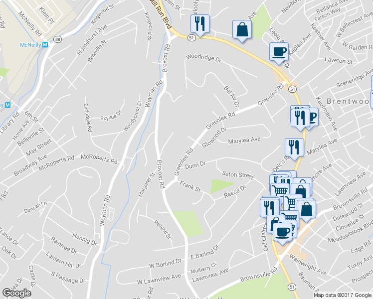 map of restaurants, bars, coffee shops, grocery stores, and more near 722 Greenlee Road in Pittsburgh