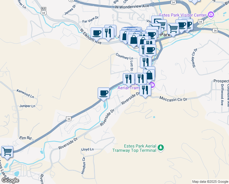 map of restaurants, bars, coffee shops, grocery stores, and more near 509 Pine River Lane in Estes Park