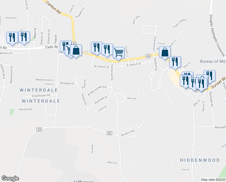 map of restaurants, bars, coffee shops, grocery stores, and more near 200 Fernwood Road in Steubenville