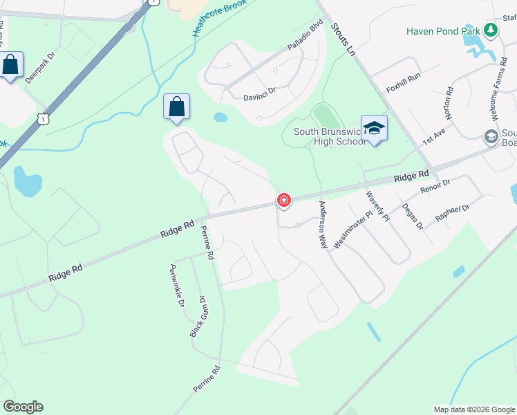 map of restaurants, bars, coffee shops, grocery stores, and more near 789 Ridge Road in South Brunswick Township