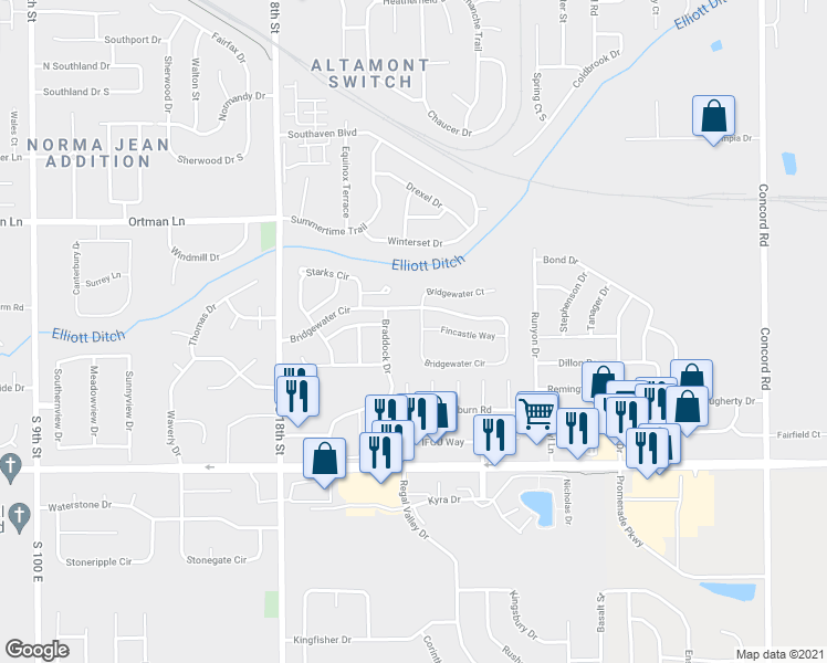 map of restaurants, bars, coffee shops, grocery stores, and more near 2010 Bridgewater Circle in Lafayette