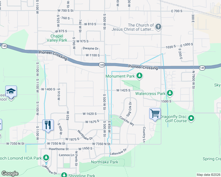 map of restaurants, bars, coffee shops, grocery stores, and more near 448 West 1425 South in Lehi