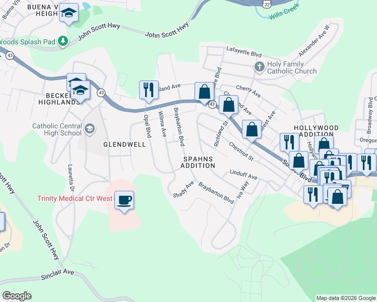 map of restaurants, bars, coffee shops, grocery stores, and more near 209 Braybarton Boulevard in Steubenville