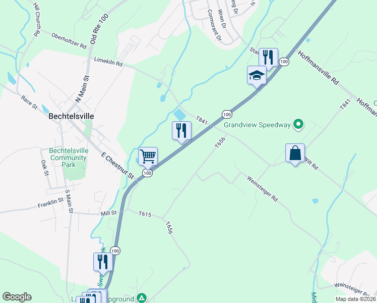 map of restaurants, bars, coffee shops, grocery stores, and more near 1036-1072 Pennsylvania 100 in Bechtelsville