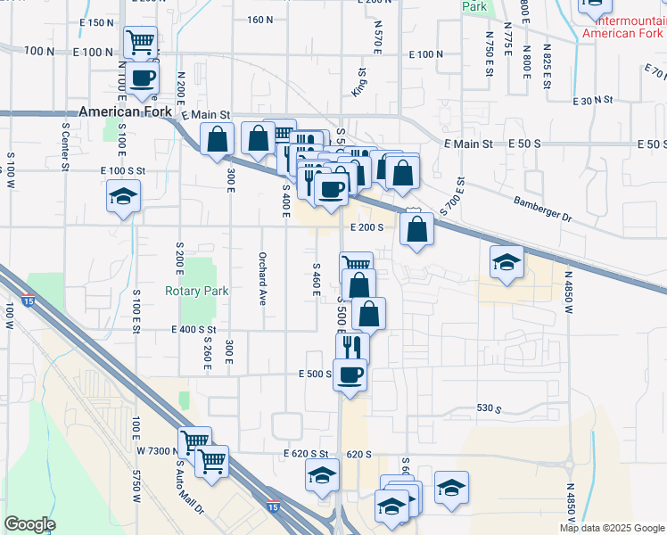 map of restaurants, bars, coffee shops, grocery stores, and more near 290 S 500 E in American Fork