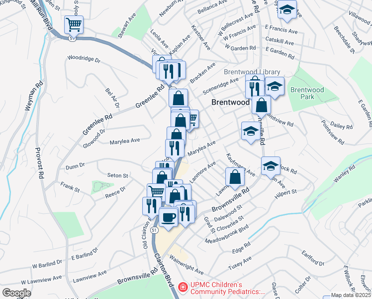 map of restaurants, bars, coffee shops, grocery stores, and more near 3701 Saw Mill Run Boulevard in Brentwood