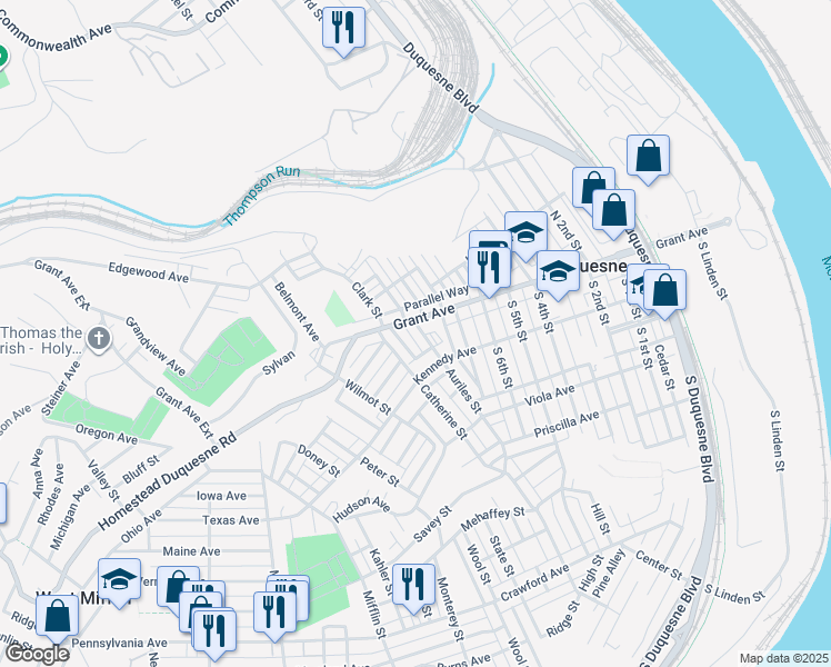 map of restaurants, bars, coffee shops, grocery stores, and more near 17 Earl Street in Duquesne