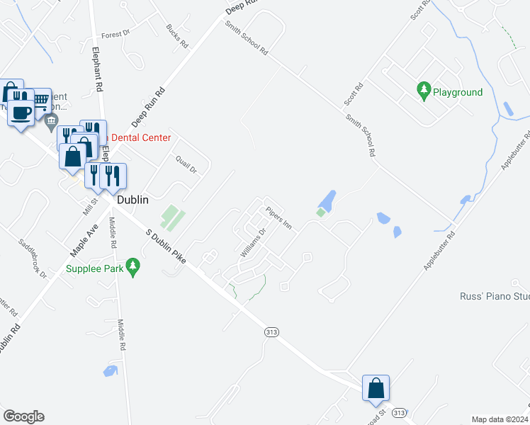 map of restaurants, bars, coffee shops, grocery stores, and more near 175 Pipers Inn Drive in Fountainville