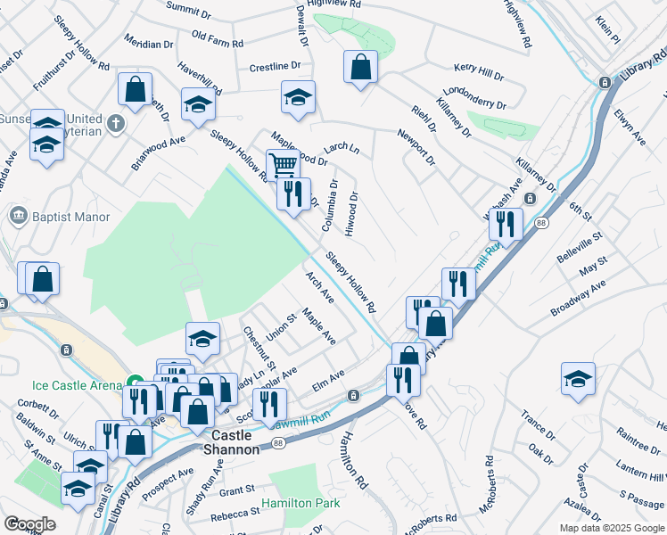 map of restaurants, bars, coffee shops, grocery stores, and more near 921 Sleepy Hollow Road in Pittsburgh