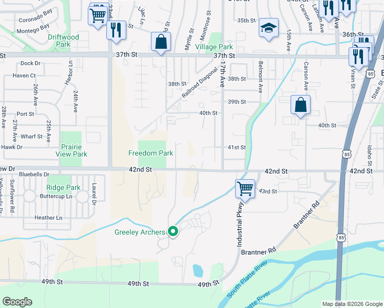 map of restaurants, bars, coffee shops, grocery stores, and more near 1893 42nd Street in Evans