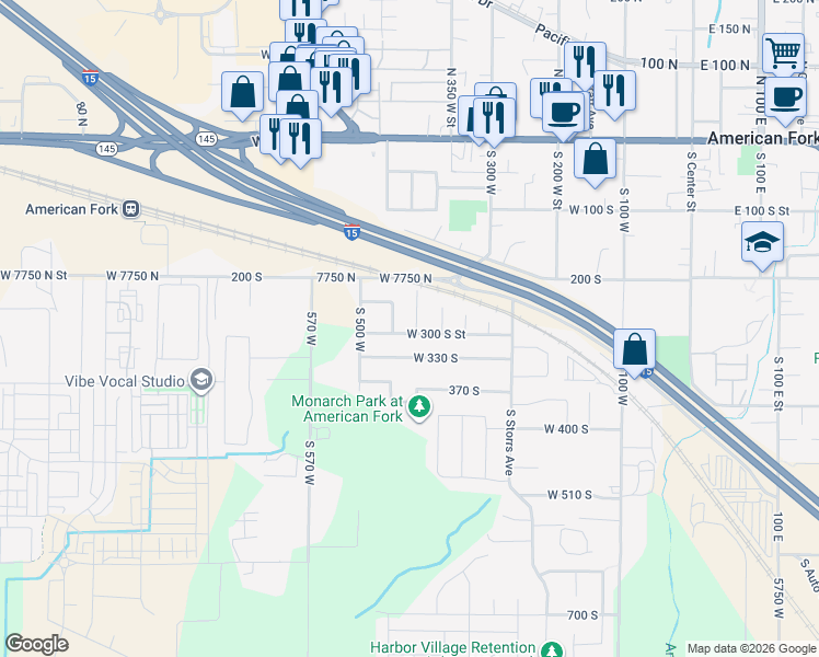 map of restaurants, bars, coffee shops, grocery stores, and more near 433 West 300 South Street in American Fork