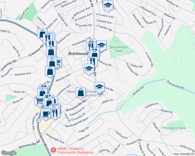 map of restaurants, bars, coffee shops, grocery stores, and more near 3763 Brownsville Road in Brentwood