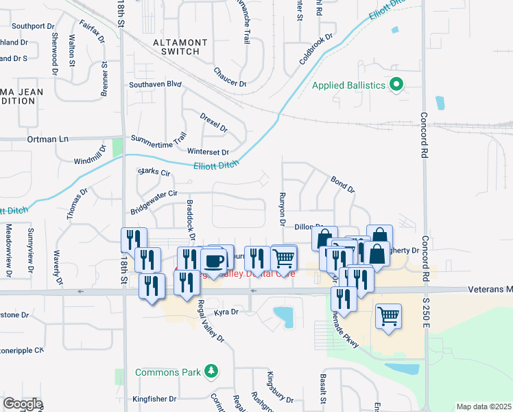 map of restaurants, bars, coffee shops, grocery stores, and more near 2125 Fincastle Way in Lafayette