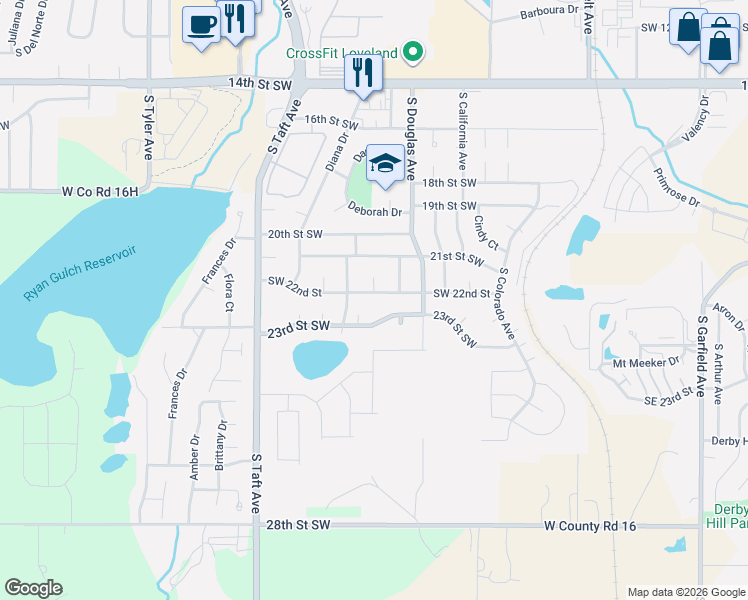 map of restaurants, bars, coffee shops, grocery stores, and more near 1005 23rd Street Southwest in Loveland