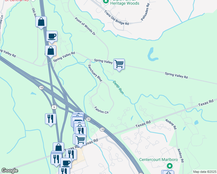 map of restaurants, bars, coffee shops, grocery stores, and more near 2207 Falston Circle in Old Bridge Township