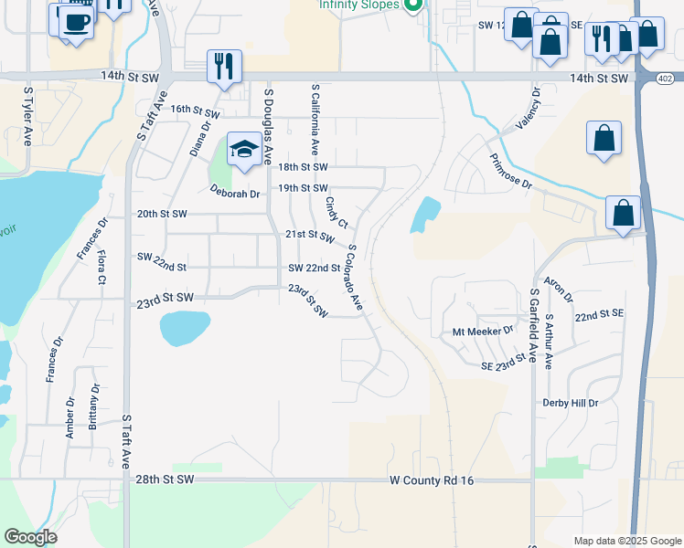 map of restaurants, bars, coffee shops, grocery stores, and more near 2241 South Colorado Avenue in Loveland