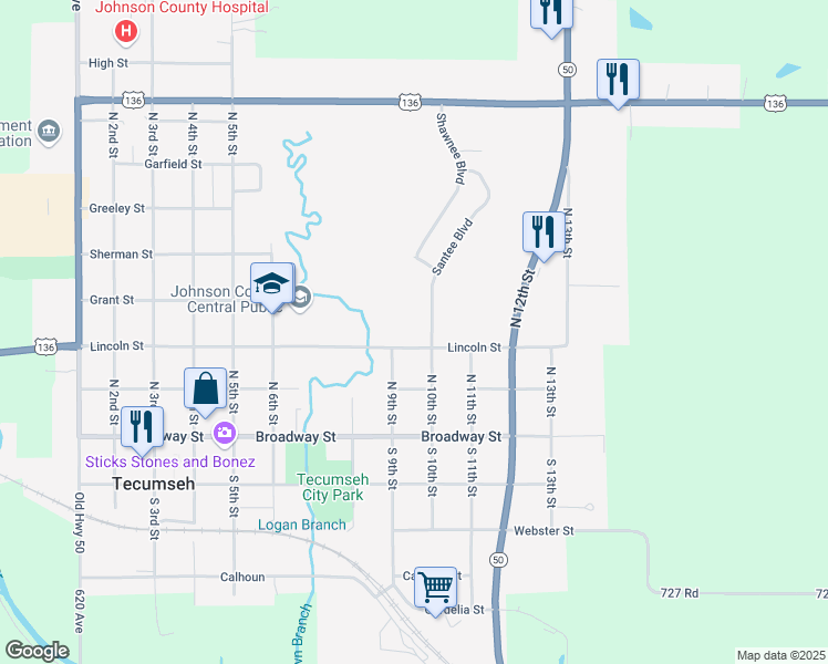 map of restaurants, bars, coffee shops, grocery stores, and more near 940 Lincoln Street in Tecumseh