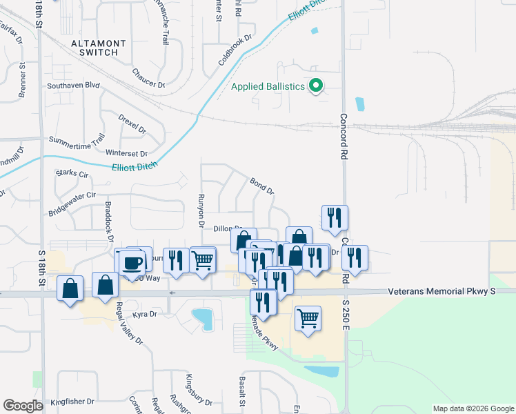 map of restaurants, bars, coffee shops, grocery stores, and more near 3110 Daugherty Drive in Lafayette