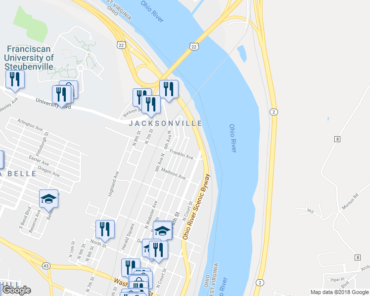 map of restaurants, bars, coffee shops, grocery stores, and more near 917 North 5th Street in Steubenville