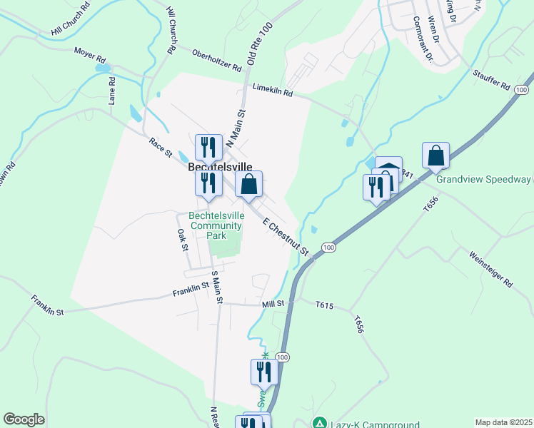 map of restaurants, bars, coffee shops, grocery stores, and more near 101 East Chestnut Street in Bechtelsville