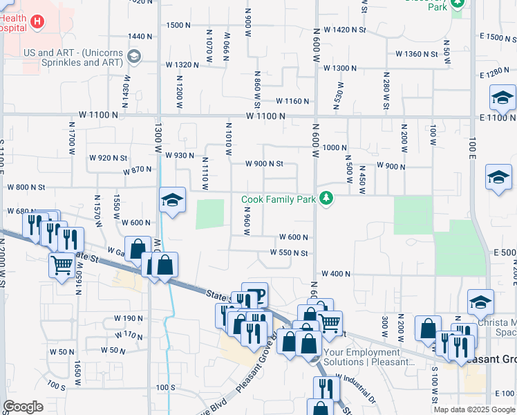 map of restaurants, bars, coffee shops, grocery stores, and more near 723 North 880 West Street in Pleasant Grove
