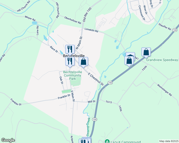 map of restaurants, bars, coffee shops, grocery stores, and more near 101 East Chestnut Street in Bechtelsville