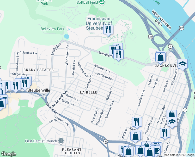 map of restaurants, bars, coffee shops, grocery stores, and more near 1321 Wellesley Avenue in Steubenville