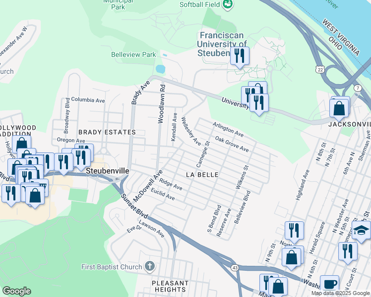 map of restaurants, bars, coffee shops, grocery stores, and more near 1501 Oregon Avenue in Steubenville