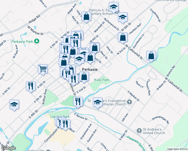 map of restaurants, bars, coffee shops, grocery stores, and more near 43 South 3rd Street in Perkasie