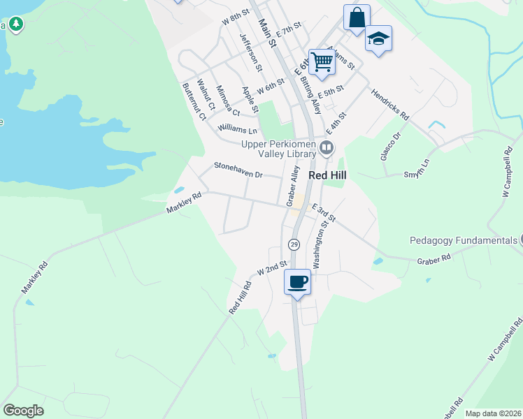 map of restaurants, bars, coffee shops, grocery stores, and more near 200 West 3rd Street in Red Hill