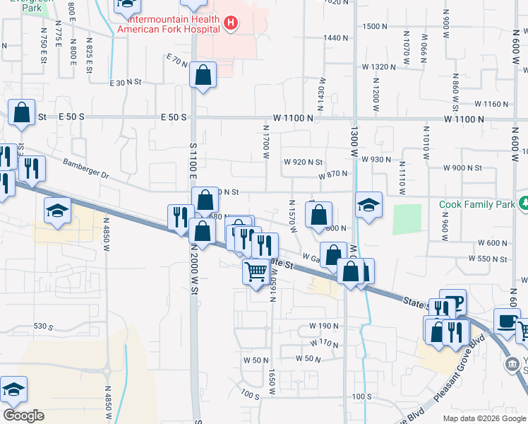 map of restaurants, bars, coffee shops, grocery stores, and more near 1772 West 680 North in Pleasant Grove