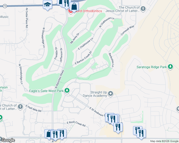 map of restaurants, bars, coffee shops, grocery stores, and more near 3846 East Cunninghill Drive in Eagle Mountain