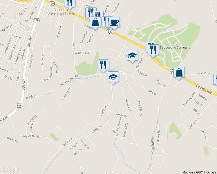 map of restaurants, bars, coffee shops, grocery stores, and more near 332 Foster Road in North Versailles