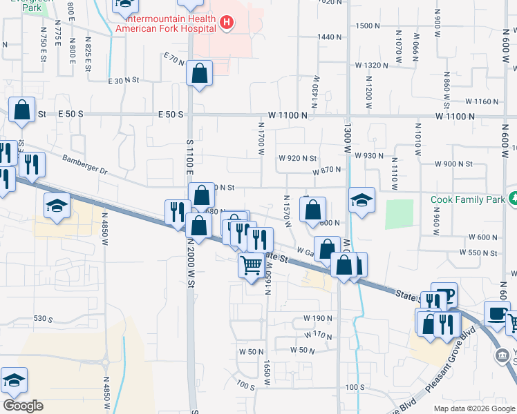 map of restaurants, bars, coffee shops, grocery stores, and more near 1772 West 680 North in Pleasant Grove