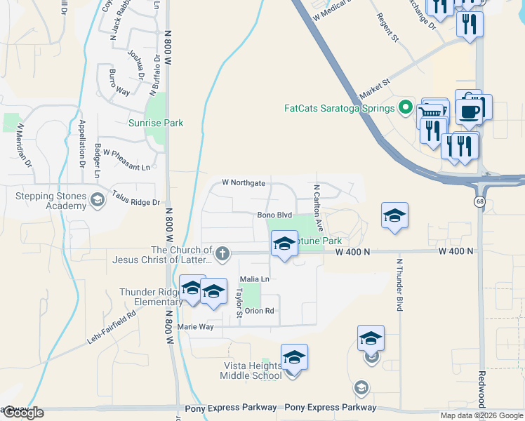 map of restaurants, bars, coffee shops, grocery stores, and more near 573 Bono Boulevard in Saratoga Springs