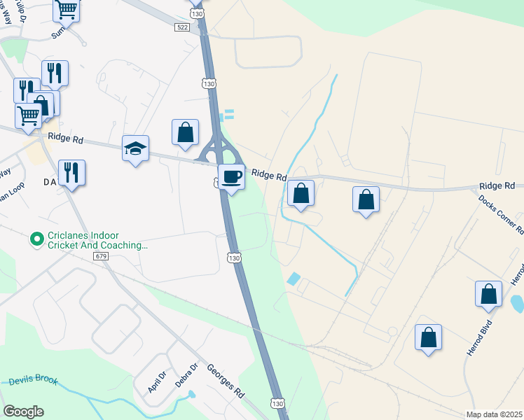 map of restaurants, bars, coffee shops, grocery stores, and more near 3 Chris Court in South Brunswick Township