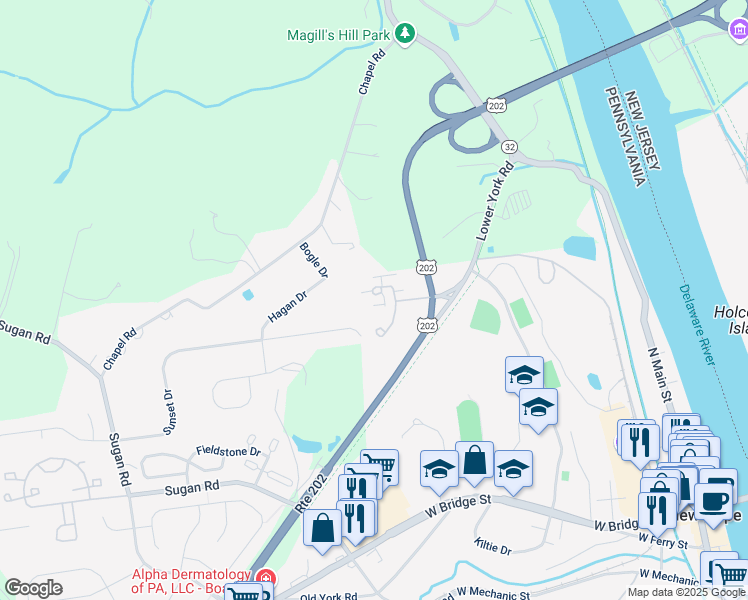 map of restaurants, bars, coffee shops, grocery stores, and more near 16 Meadowbrook Court in New Hope