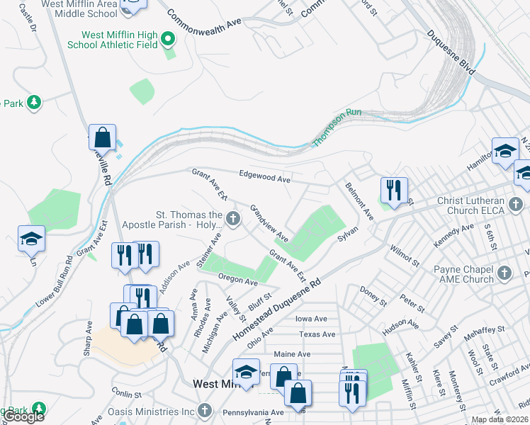 map of restaurants, bars, coffee shops, grocery stores, and more near 510 Grant Avenue Extension in West Mifflin