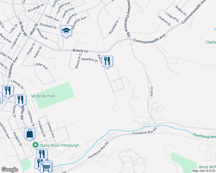 map of restaurants, bars, coffee shops, grocery stores, and more near 5020 Ball Avenue in West Mifflin