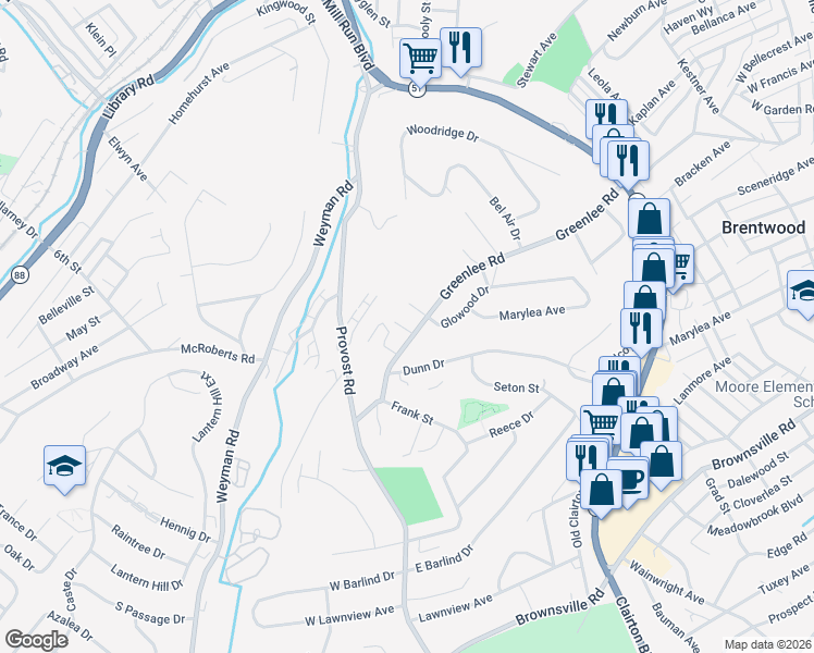 map of restaurants, bars, coffee shops, grocery stores, and more near 722 Greenlee Road in Pittsburgh