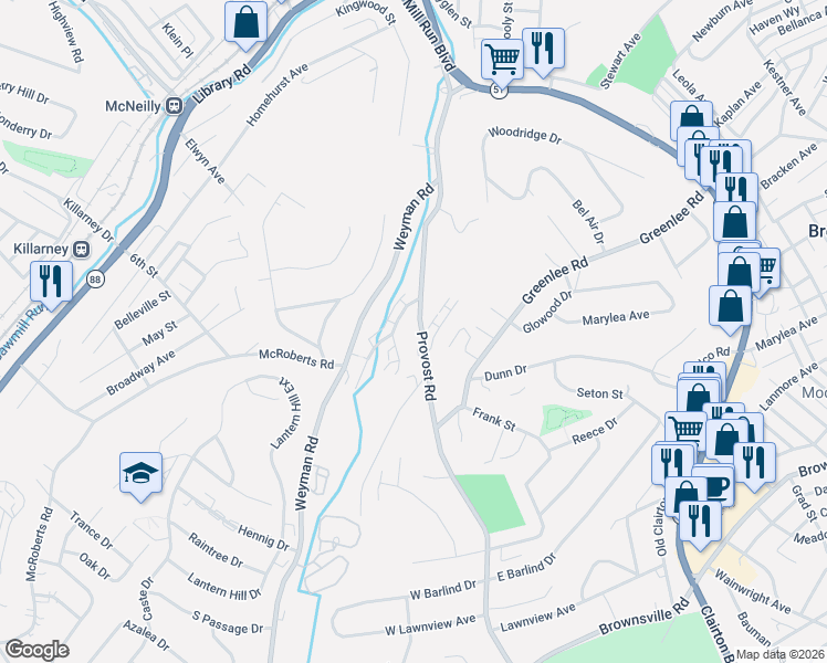 map of restaurants, bars, coffee shops, grocery stores, and more near 3102 Provost Road in Pittsburgh