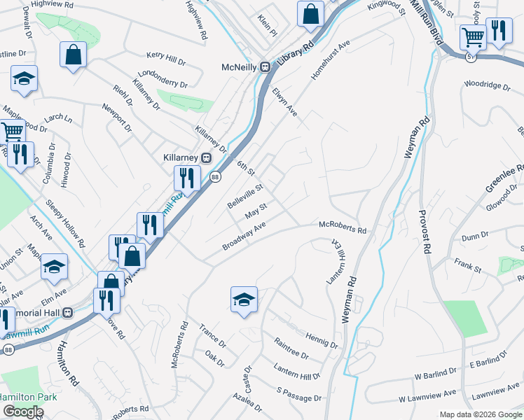 map of restaurants, bars, coffee shops, grocery stores, and more near 3124 Broadway Avenue in Pittsburgh