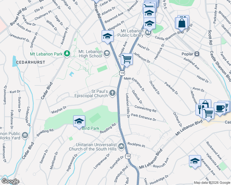 map of restaurants, bars, coffee shops, grocery stores, and more near 34 Mayfair Drive in Pittsburgh