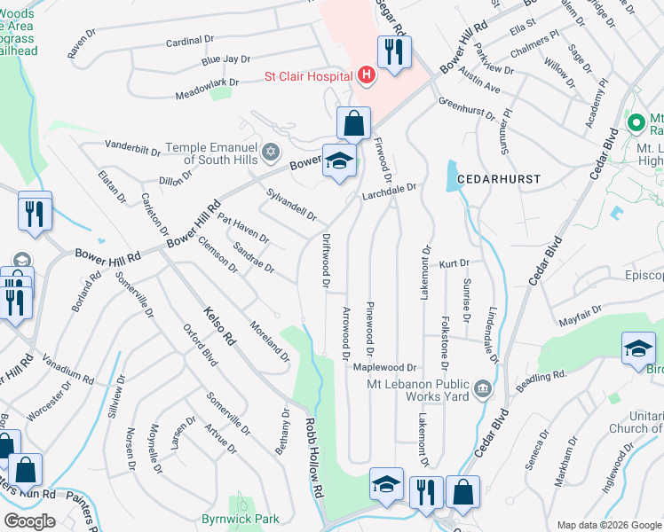 map of restaurants, bars, coffee shops, grocery stores, and more near 1154 Driftwood Drive in Pittsburgh